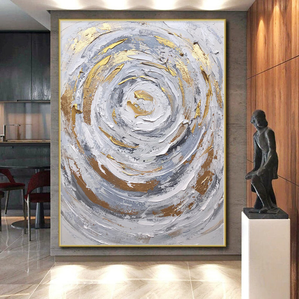 Oversized Abstract Wall Art Gray, White & Gold Textured Swirl Abstract Painting On Canvas PT058