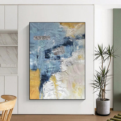 Handmade Art in Blue, Grey, Yellow, and White Abstract Textural Layers PT250