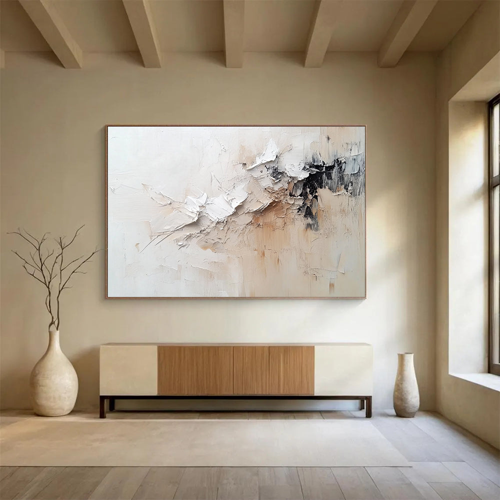 Large Painting In Living Room White, Beige, and Black Textured Abstract Art HPS305