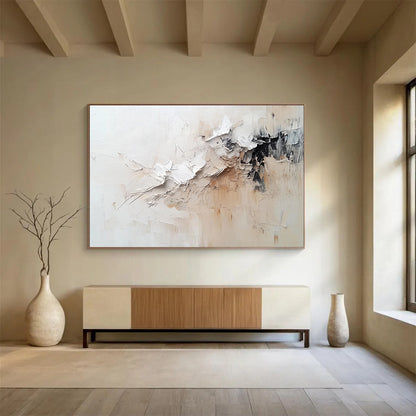 Large Painting In Living Room White, Beige, and Black Textured Abstract Art HPS305