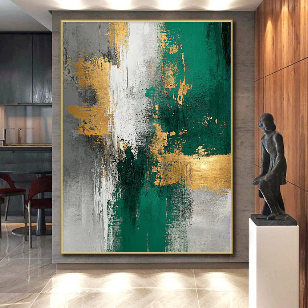Unique Abstract Art Green, Gold & Gray Textured Abstract Painting On Canvas PT110