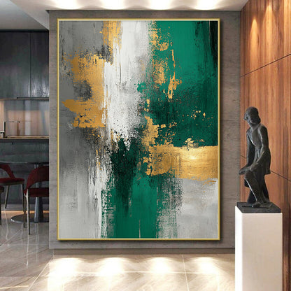 Unique Abstract Art Green, Gold & Gray Textured Abstract Painting On Canvas PT110