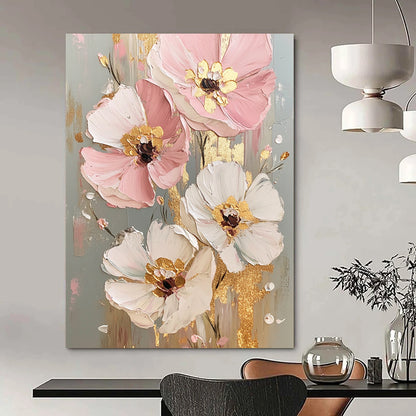 Hand Painted Art Pink, White, and Gold Floral Abstract Flower Painting DPS437