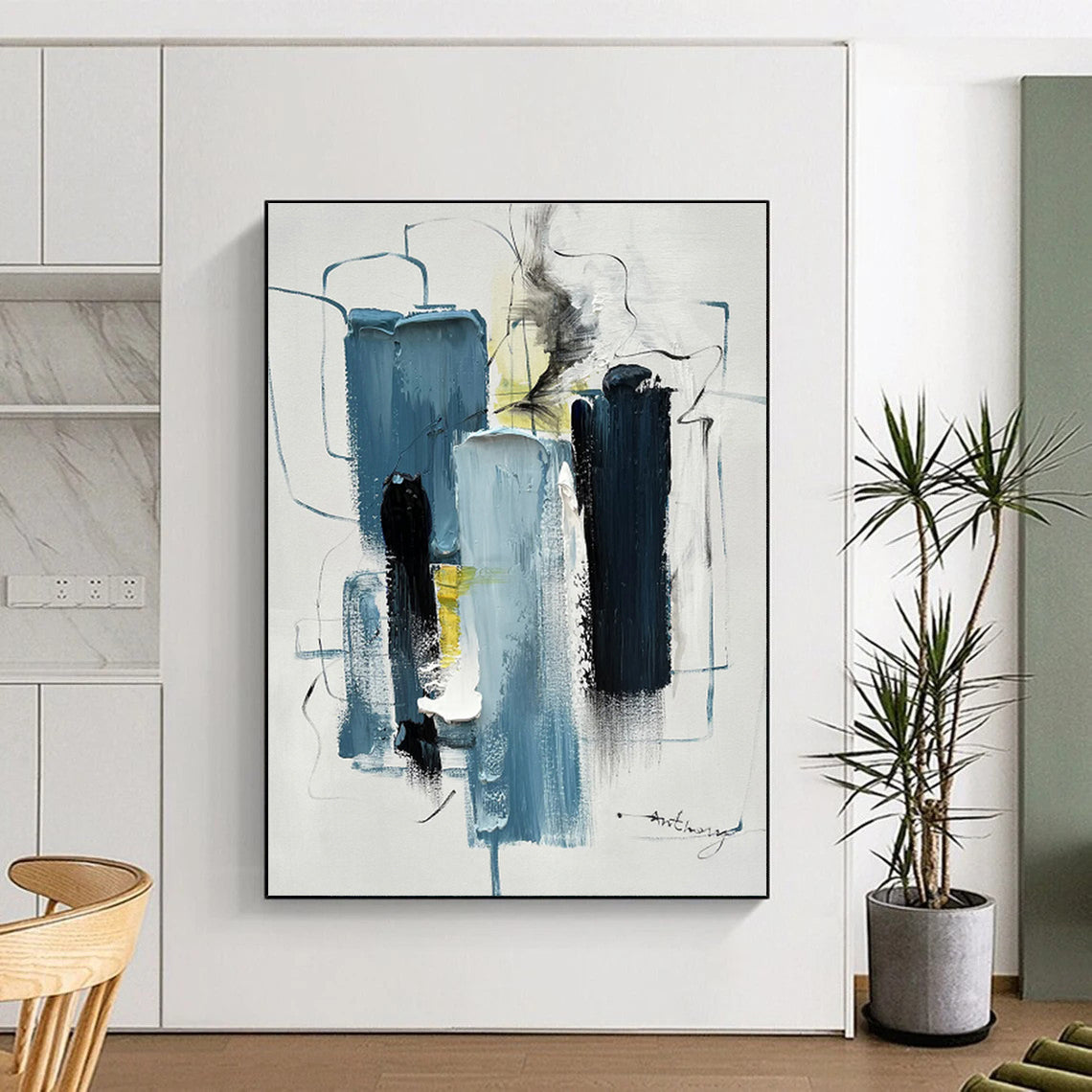 Minimalist Canvas Art Blue Black Yellow Abstract Geometric Art PT479