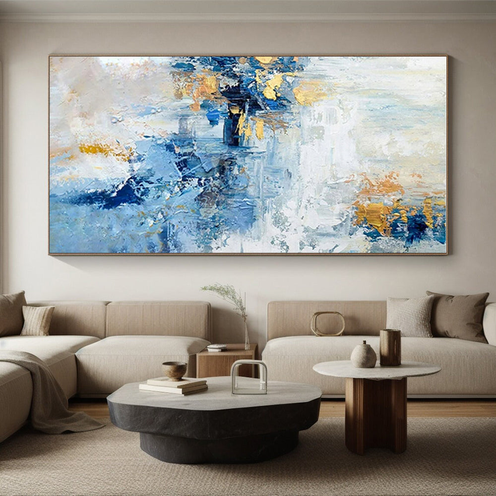 Cool Abstract Paintings Blue and Gold Abstract Textured Composition, Large Painting In Living Room PT538