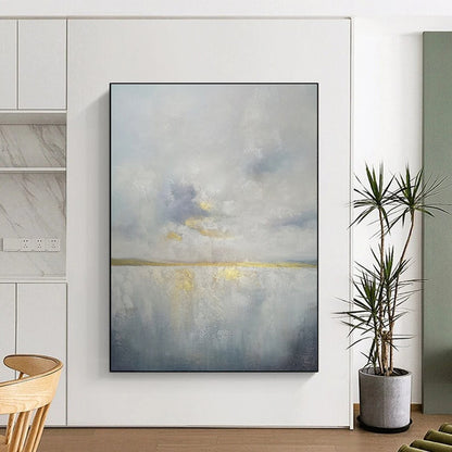 Large Size Gray, Blue, and Gold Textured Landscape Abstract Art PT773