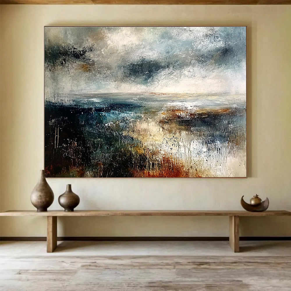 Large Contemporary Wall Art Multicolor (Blue, Gray, Brown, White) Textured Landscape Abstract Painting HPS279