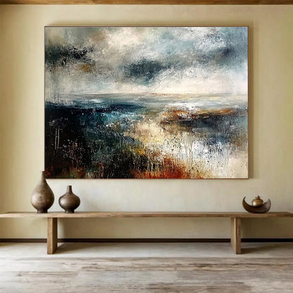 Large Contemporary Wall Art Multicolor (Blue, Gray, Brown, White) Textured Landscape Abstract Painting HPS279