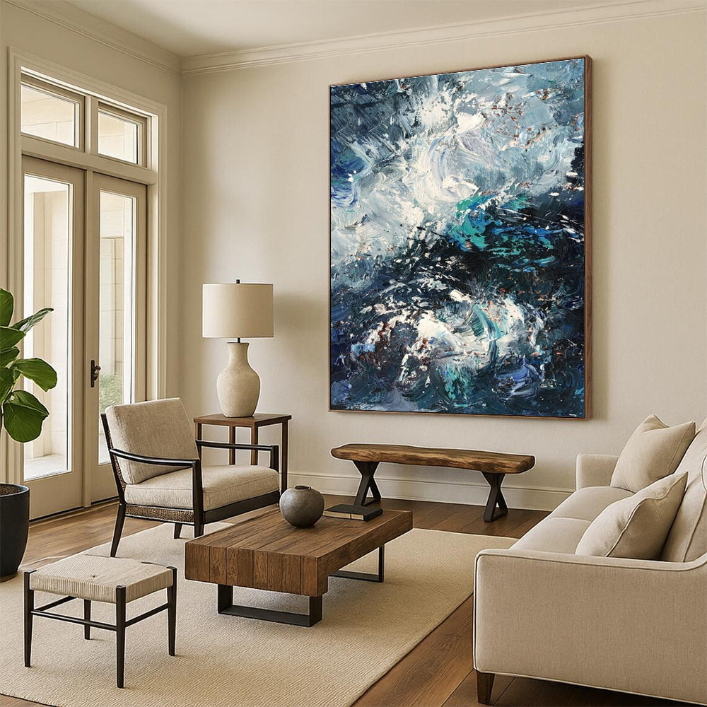 Oversized Abstract Wall Art Blue, White, and Teal Textured Sea Abstract Art PT756