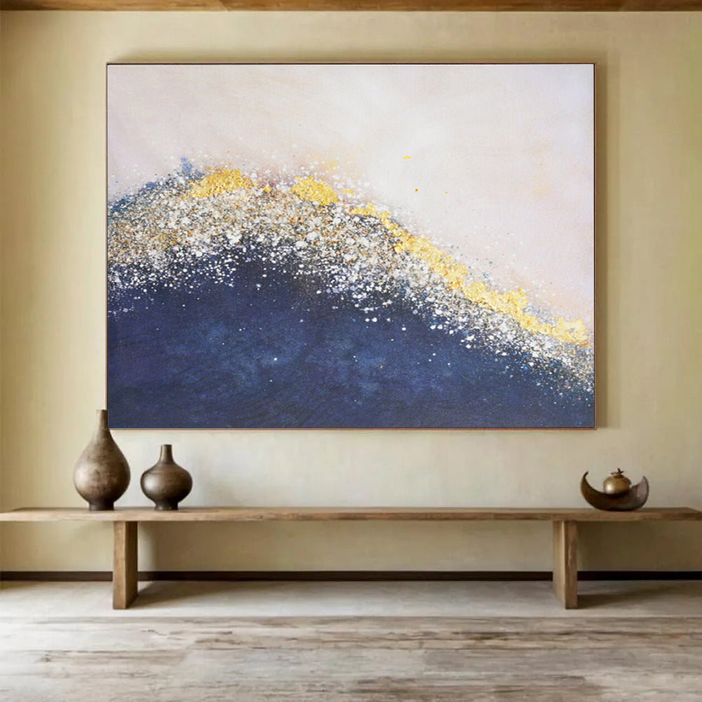 Hand Painted Art Navy Blue, Gold & White Textured Wave Abstract Painting HPS234