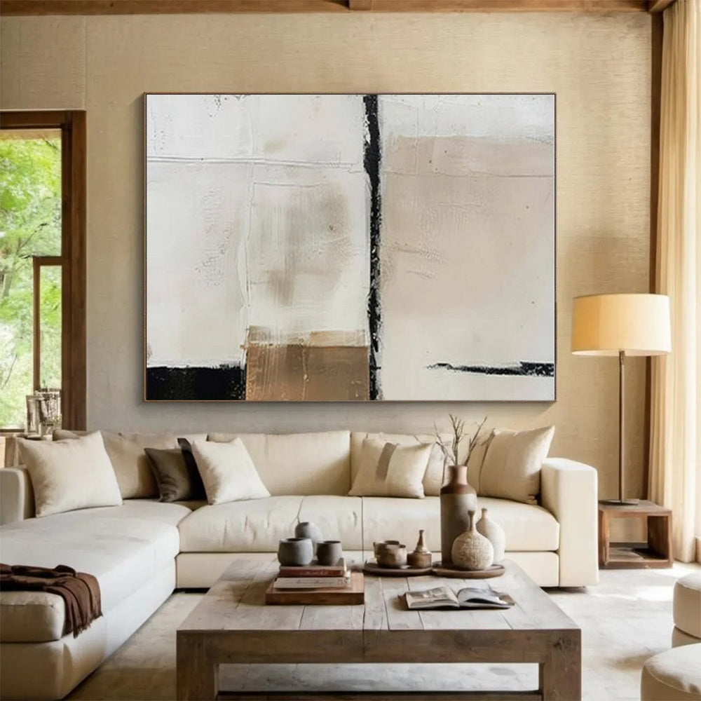 Hand-Painted Beige, Black, and Gold Textured Abstract Art PT785