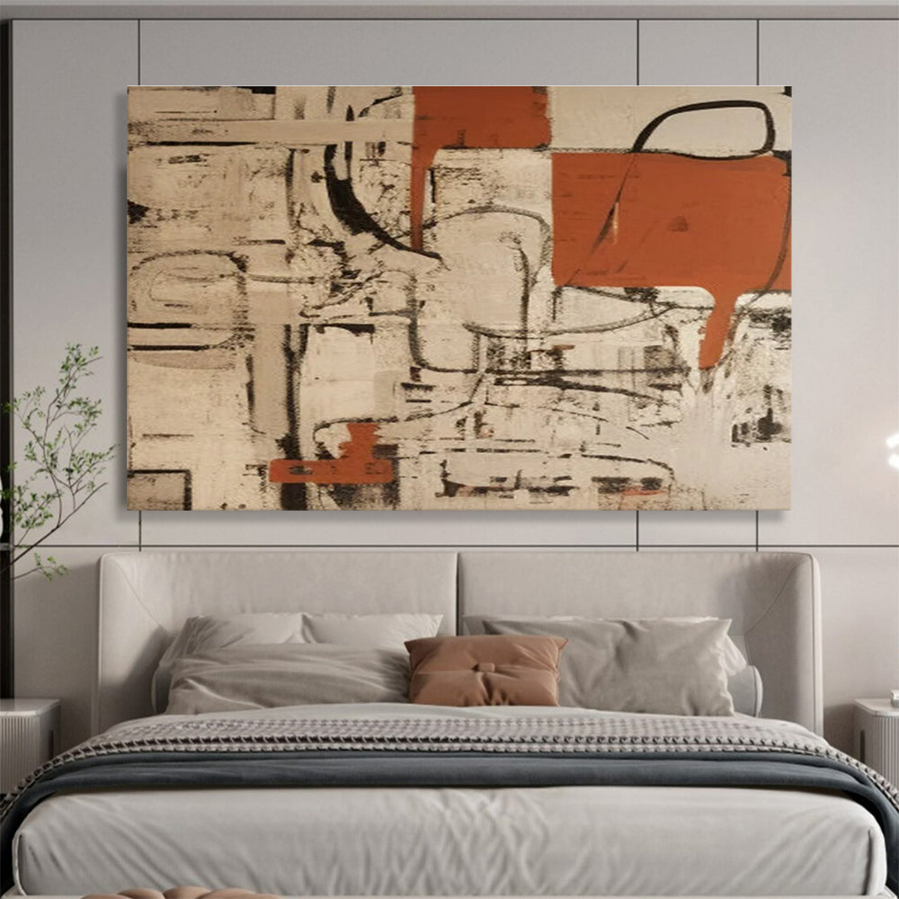Large Size Orange, Black & Beige Abstract Geometric Art HPS212