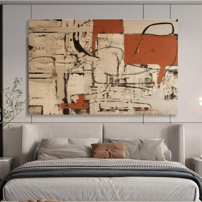 Large Size Orange, Black & Beige Abstract Geometric Art HPS212