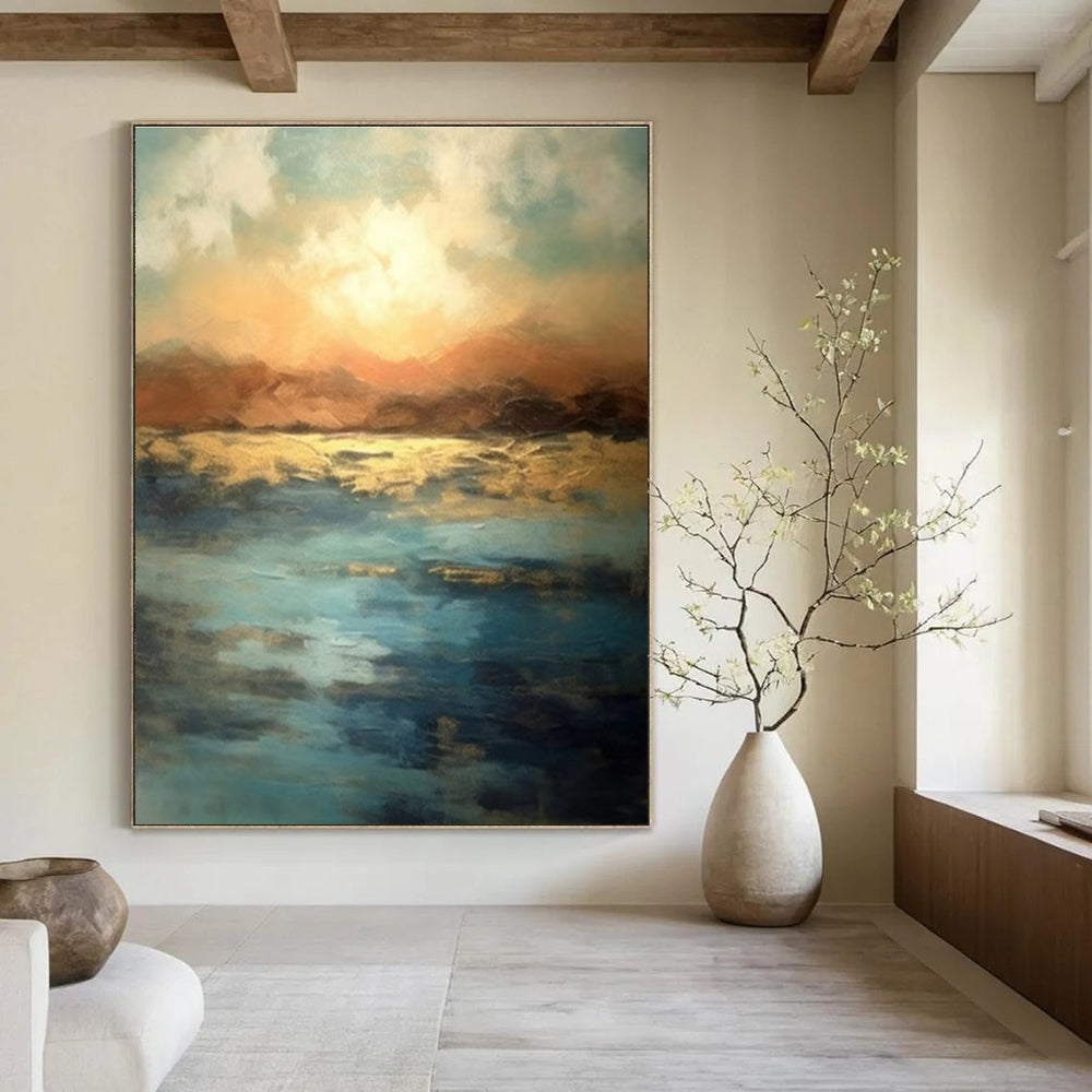 Large Painting In Living Room Colorful Abstract Sunset Over Water, Modern Art Acrylic DPS491