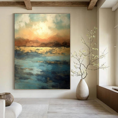 Large Painting In Living Room Colorful Abstract Sunset Over Water, Modern Art Acrylic DPS491