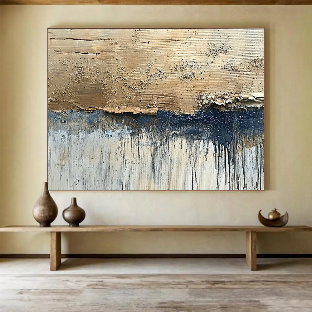 Hand-Painted Beige, Navy & Gray Textured Abstract Painting HPS281