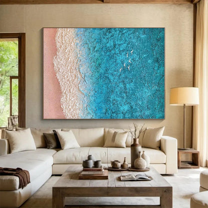 Oversized Abstract Wall Art Teal Beige Textured Coastal Abstract Art PT497