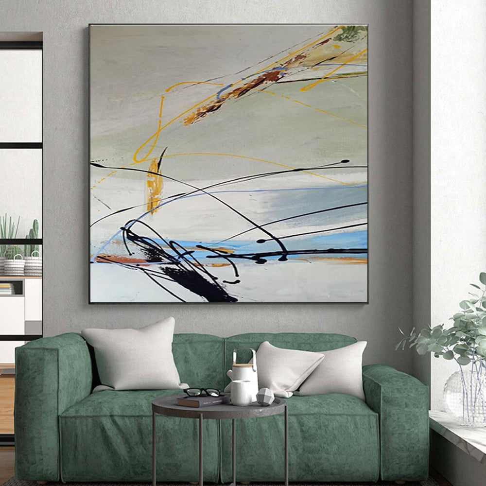 Modern Art Acrylic with Black, Yellow, Blue, and Gray Dynamic Lines, Large Contemporary Wall Art PT210