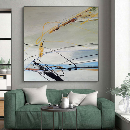 Modern Art Acrylic with Black, Yellow, Blue, and Gray Dynamic Lines, Large Contemporary Wall Art PT210