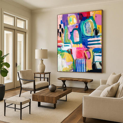 Unique Abstract Art with Vibrant Multicolored Shapes, Hand-Painted Acrylic Modern Art PT296