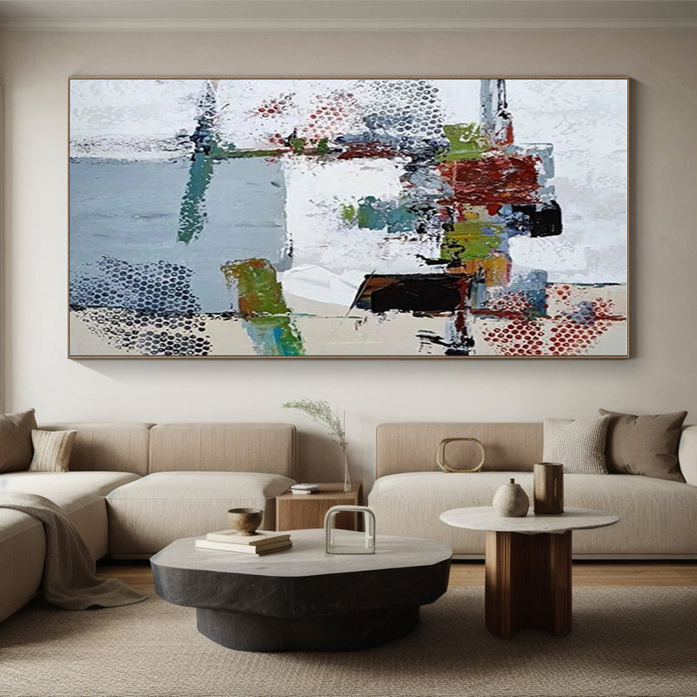 48x60 Multicolor Abstract Painting with Dotted and Textured Elements, Cool Abstract Paintings PT216