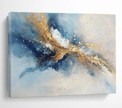 Hand Painted Art Blue, Gold & White Splatter Abstract Painting HPS264