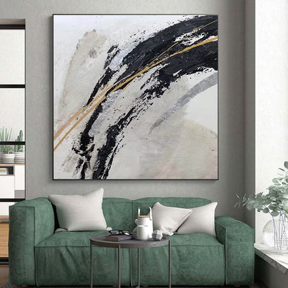 Unique Abstract Art in Black, White, Gold, and Silver Abstract Brushstrokes PT245