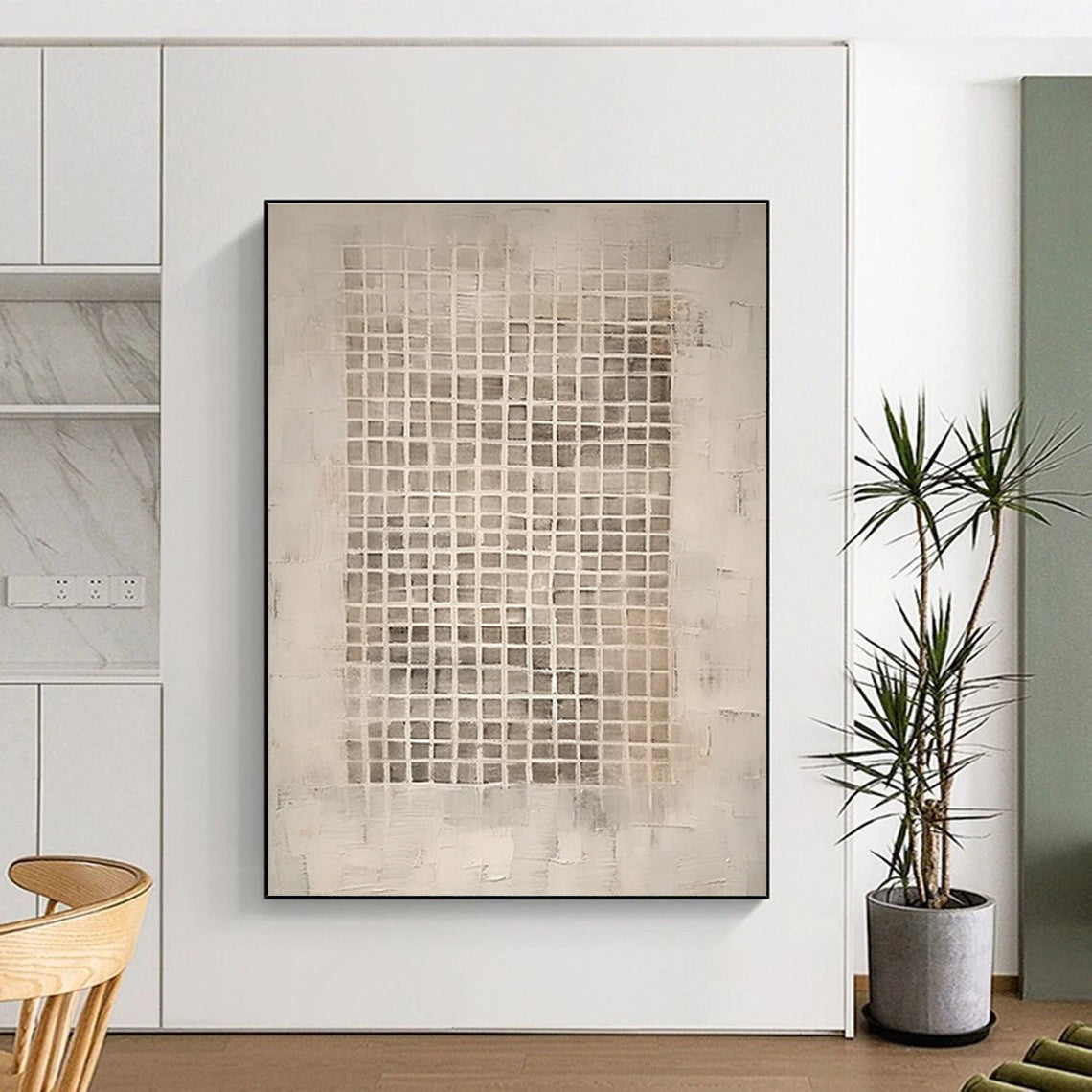 Minimalist Canvas Art in Beige and Gray Grid Pattern, Handmade Art PT299