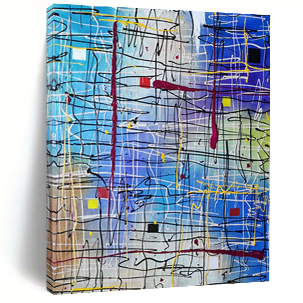 Modern Art Acrylic Blue & Multicolor Textured Abstract Painting On Canvas PT099