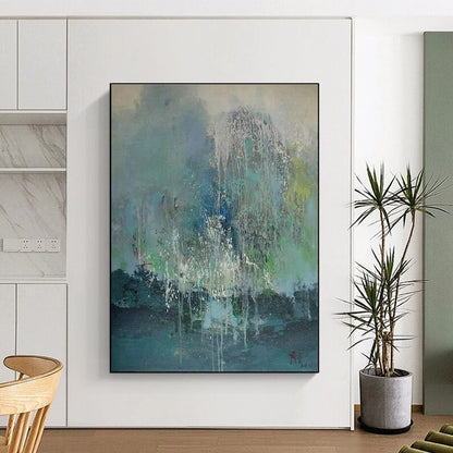 Hand Painted Art Teal and White Abstract Rainy Scene, Acrylic Modern Art Painting PT537