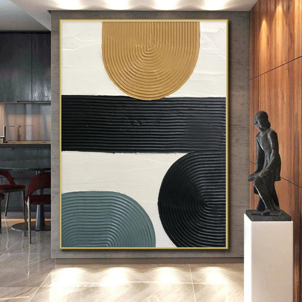 48x60 Beige, Black & Gray Textured Geometric Abstract Painting On Canvas PT037