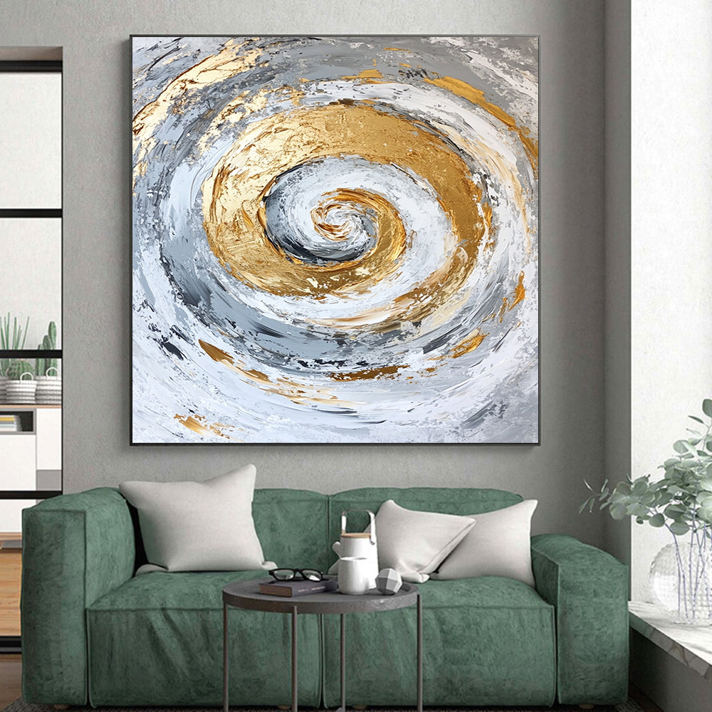 Affordable Large Abstract Wall Art, Gray White Gold Spiral Abstract Art PT138
