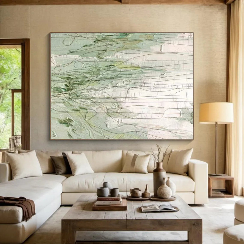 Handmade Art Green Beige Linear Textured Abstract Art PT346