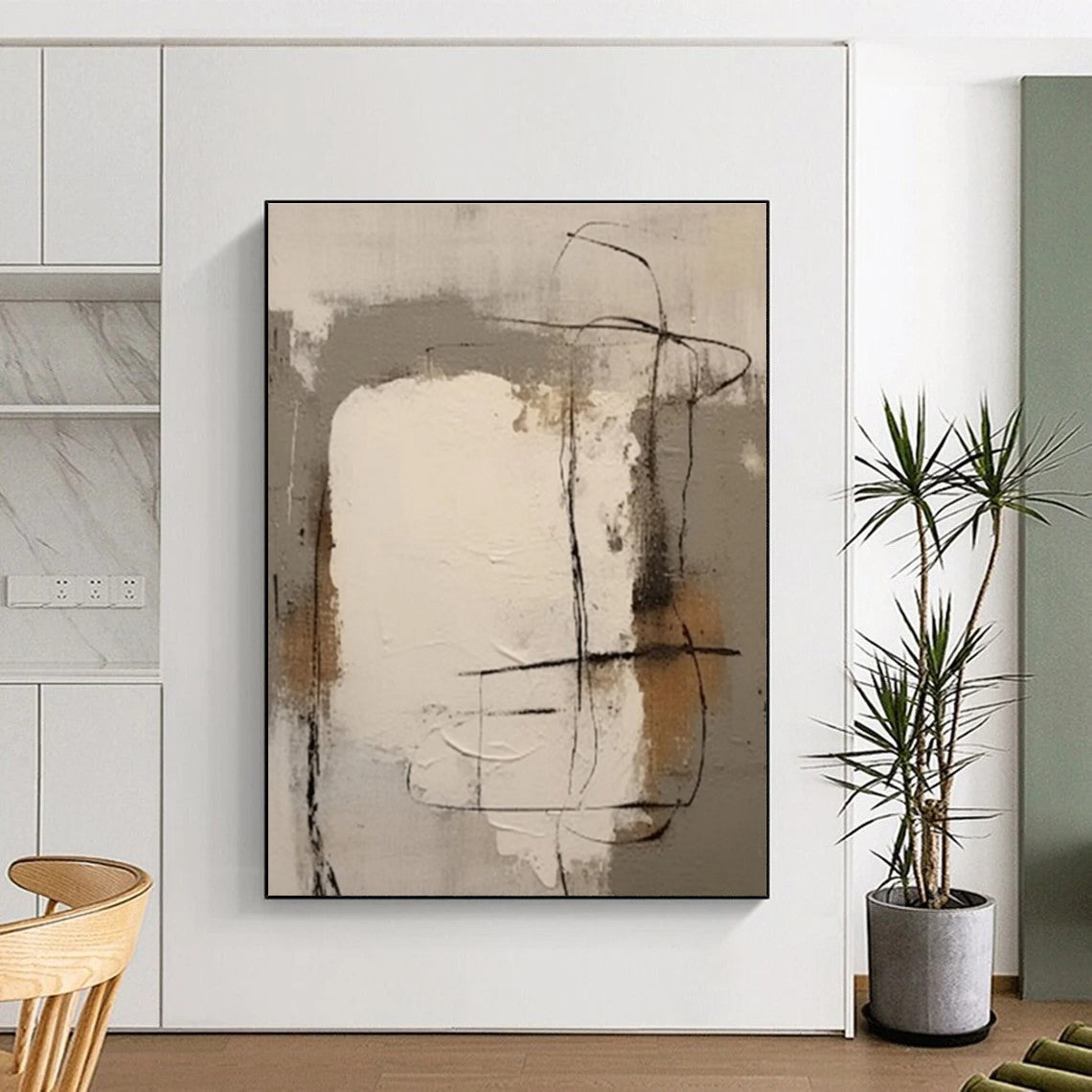 Modern Art Acrylic Gray Beige Black Line Abstract Art for House PT484