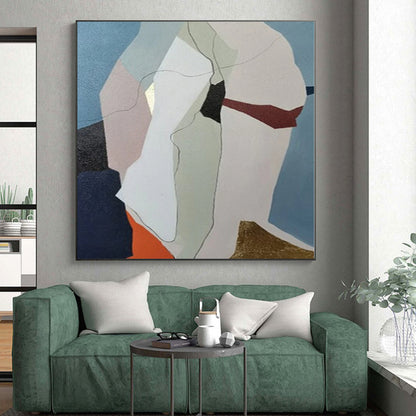 Unique Abstract Art with Pastel and Metallic (Blue, Beige, Gold, Red) Shapes PT020