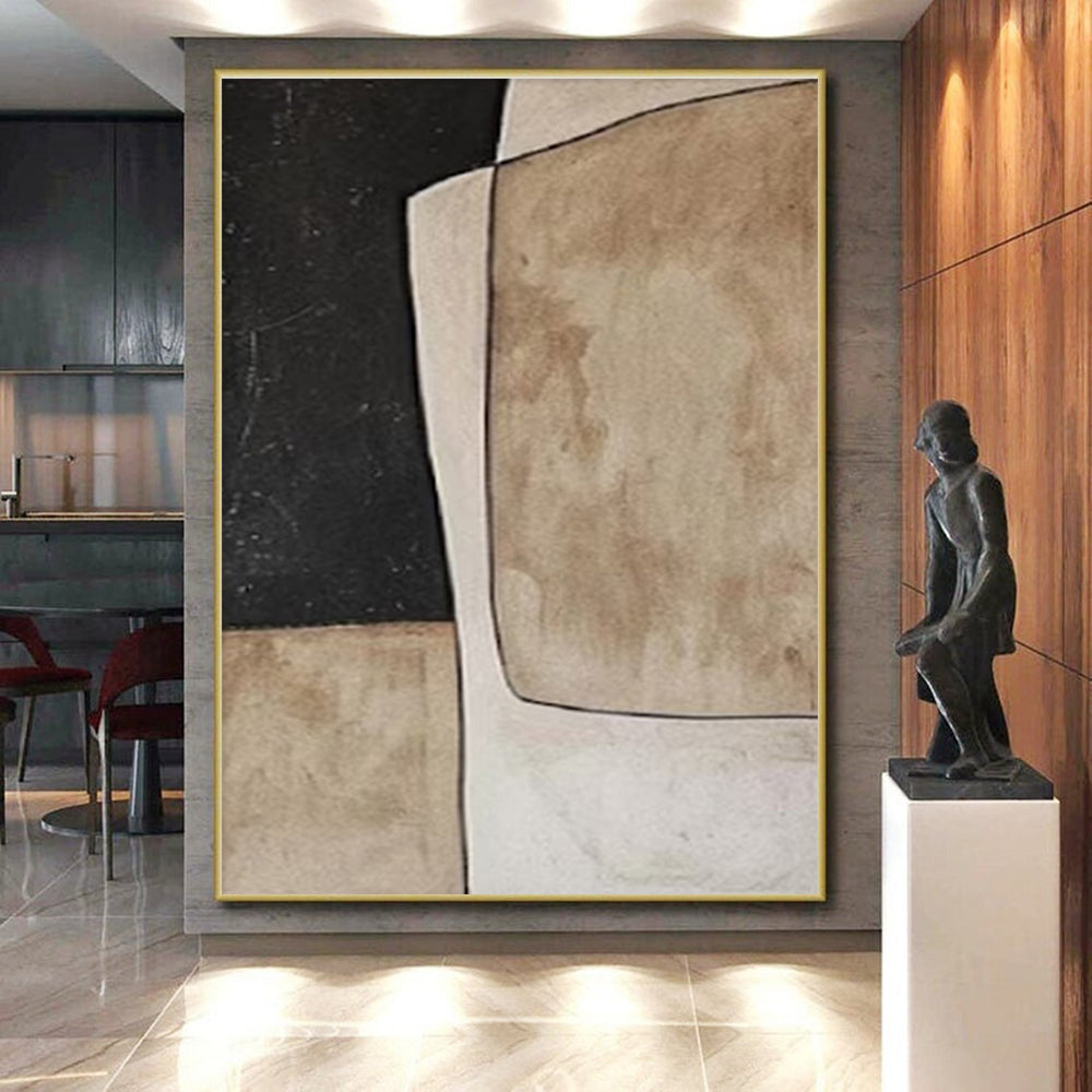 Hand-Painted Black, Beige, and Brown Geometric Abstract Art PT672