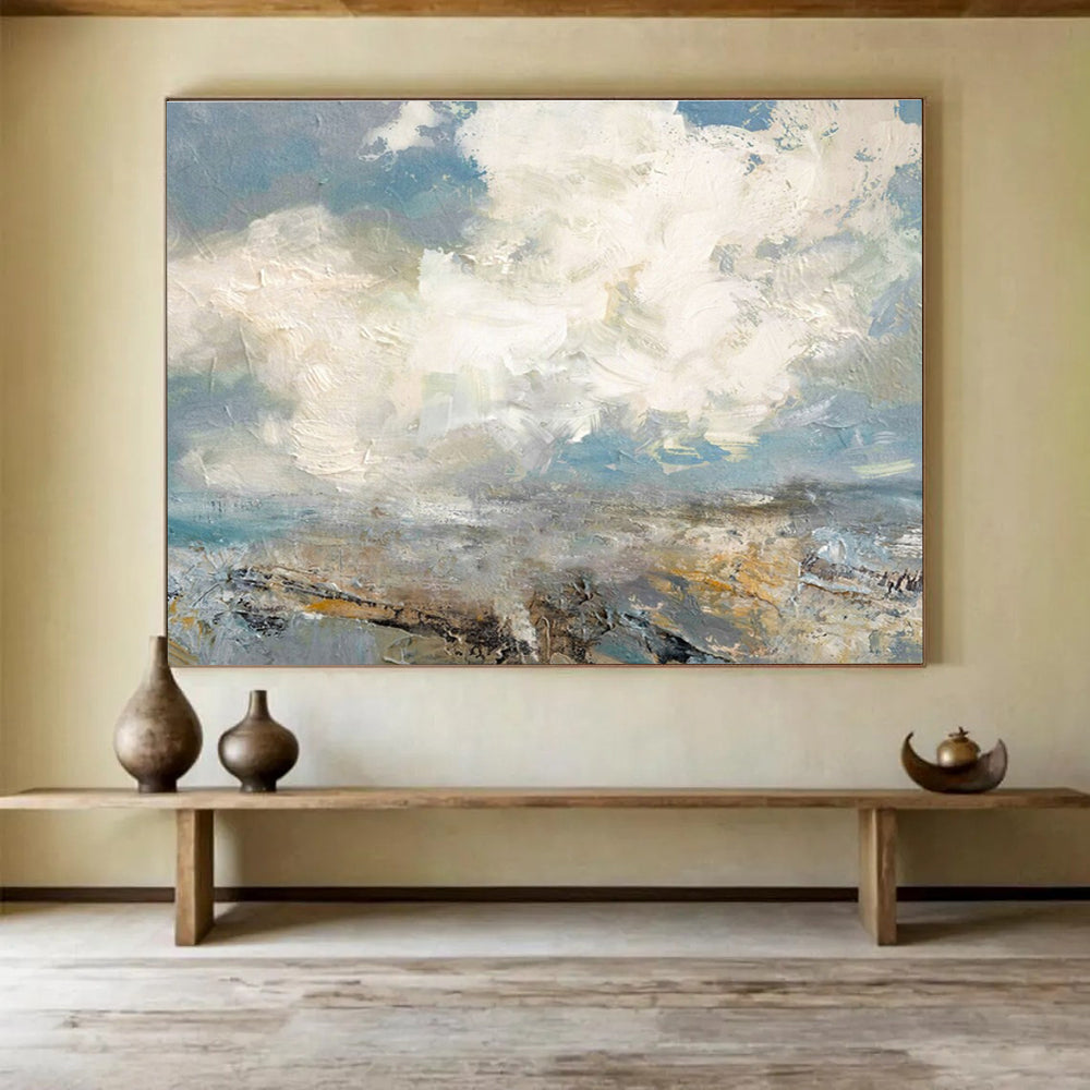 Large Painting In Living Room Gray, White, and Beige Abstract Seaside Art HPS385