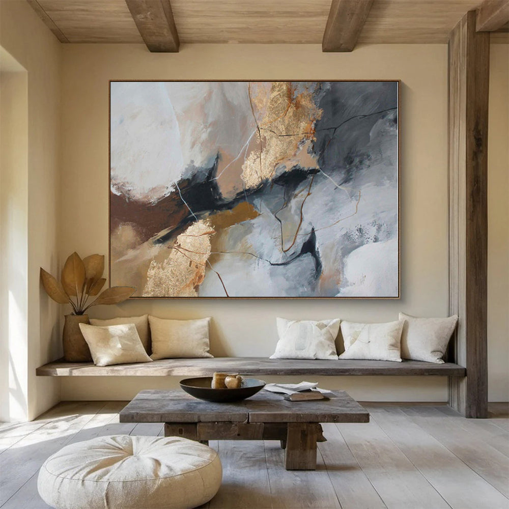 Large Size Gray, Gold & Black Textured Abstract On Canvas HPS046