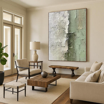 Acrylic Modern Art Paintings in White, Green, and Gray with Textured Details, Paintings For House PT010