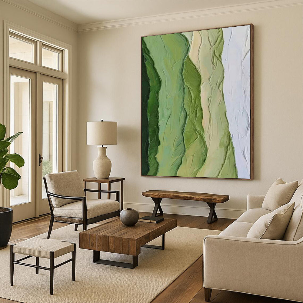 Hand Painted Art Green & Beige Textured Abstract Painting On Canvas PT043