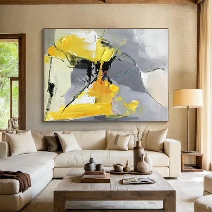 48x60 Yellow and Gray Abstract Expressive Work, Oversized Abstract Wall Art PT526