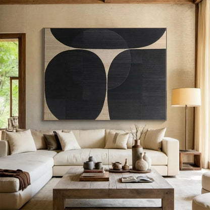 Big Painting Black and Beige Circular Abstraction, Large Size Modern Art Acrylic PT515