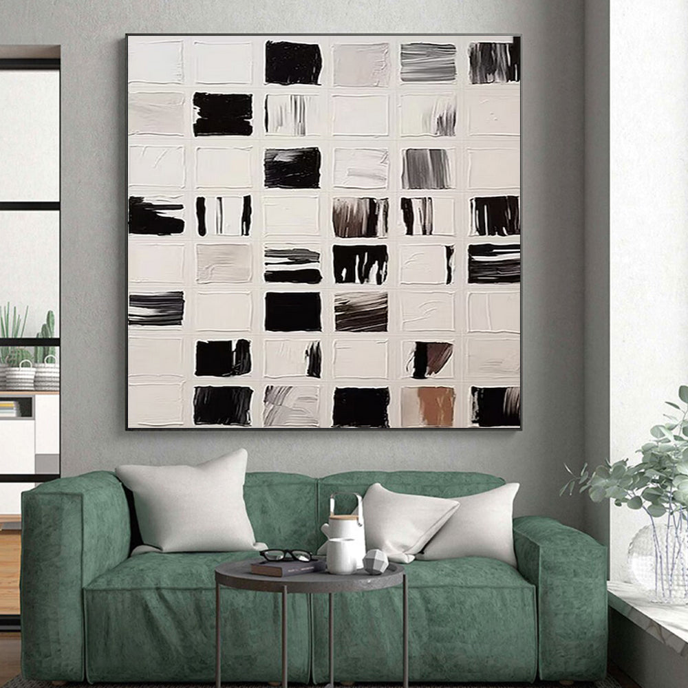 Hand Painted Art Black, White and Gray Grid Abstract Composition, Acrylic Modern Art Painting PT555