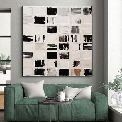 Hand Painted Art Black, White and Gray Grid Abstract Composition, Acrylic Modern Art Painting PT555