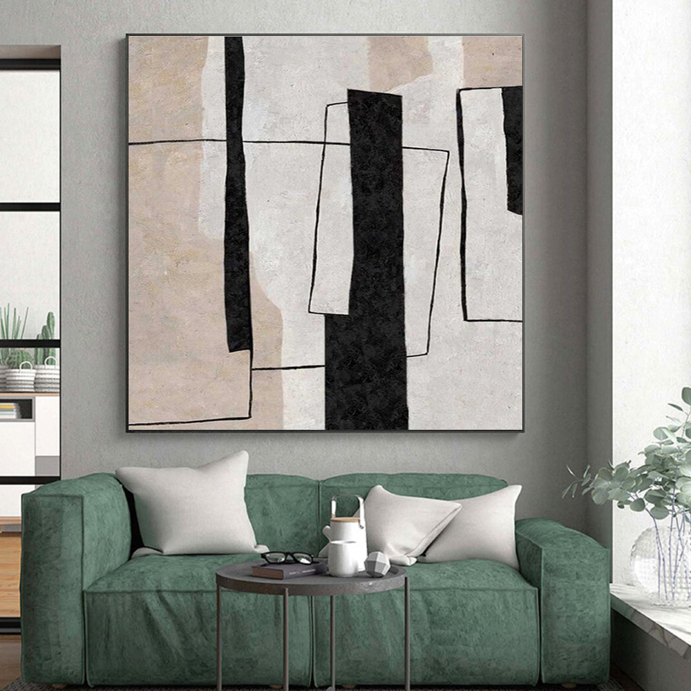 Modern Art Acrylic Black and Beige Geometric Abstract Art PT680