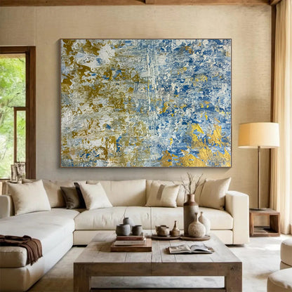 Large Size Blue, Gold, and White Textured Landscape Abstract Art PT726