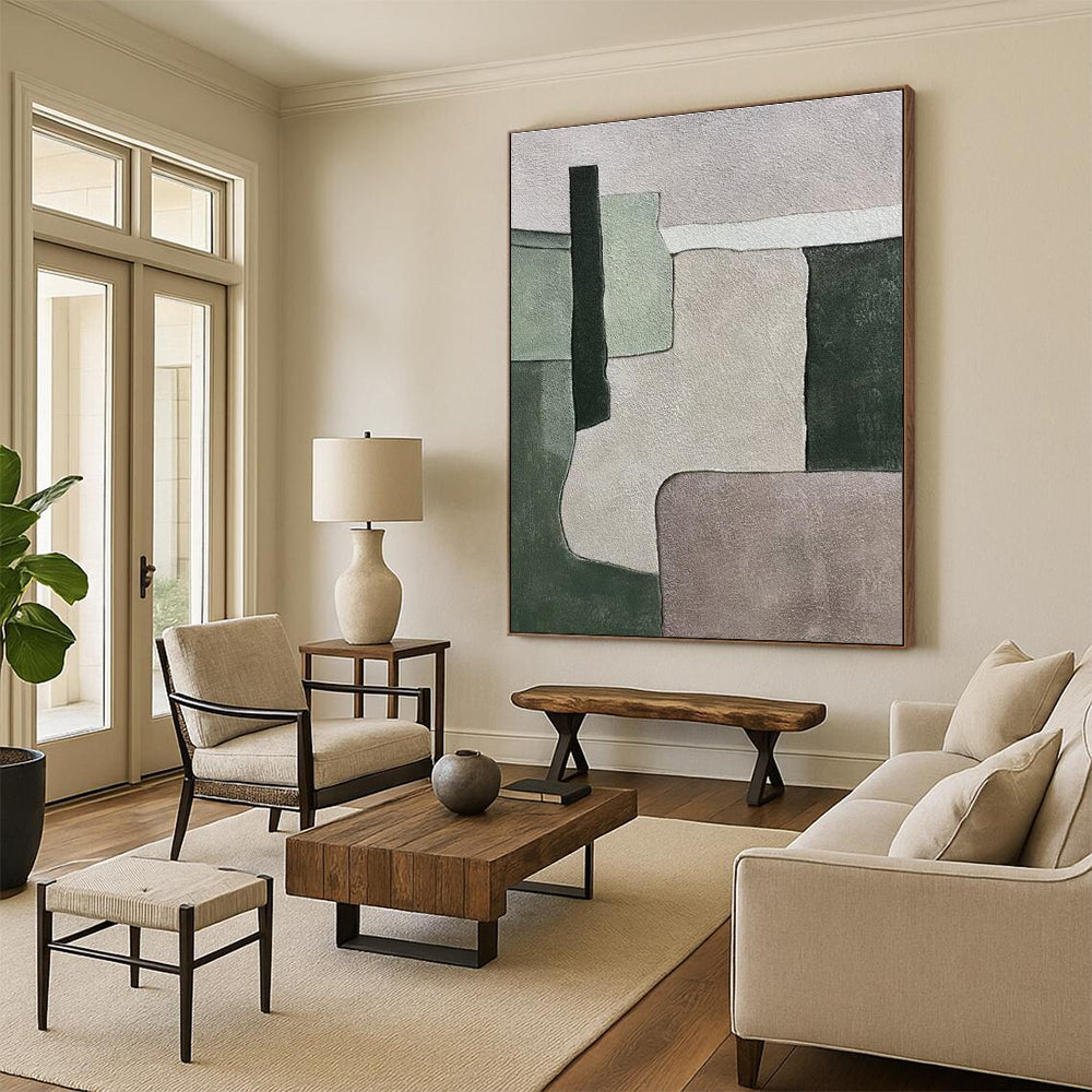 Large Painting In Living Room Green Gray Abstract Geometric Acrylic Art PT436