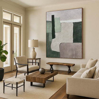 Large Painting In Living Room Green Gray Abstract Geometric Acrylic Art PT436