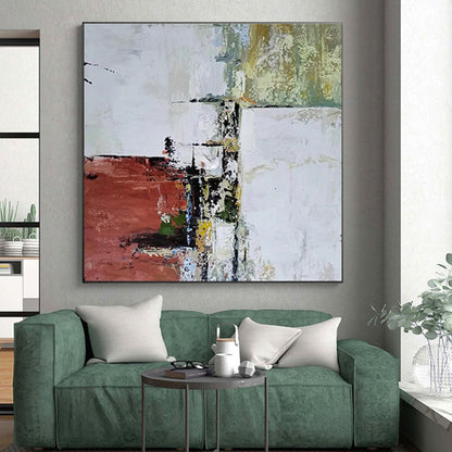 Hand Painted Art with Red, White, Green, and Beige Textured Abstract Forms, Large Painting In Living Room PT213