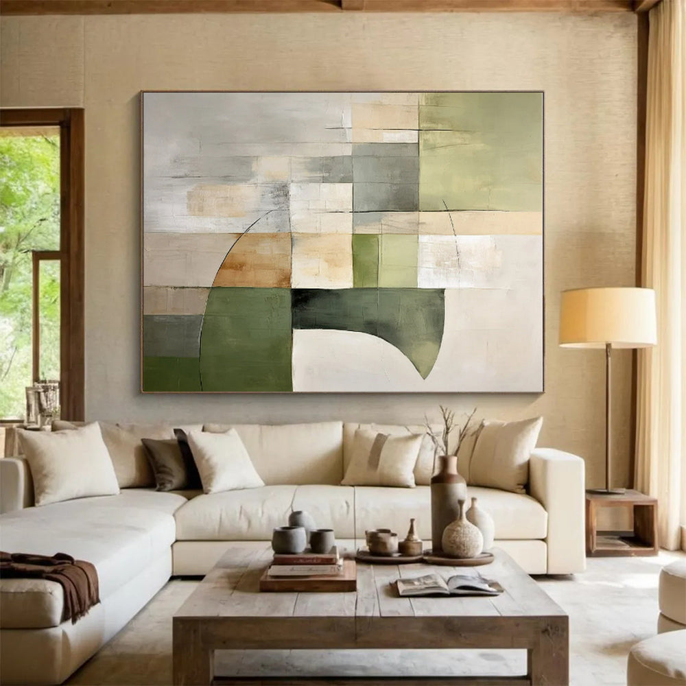 Handmade Art Green, Beige, and Gray Geometric Abstract Art PT780